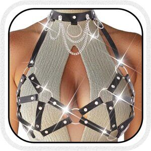 🆕Women Grey Harness Leather Bra Chain Belt with Necklace Belts Body Accessories